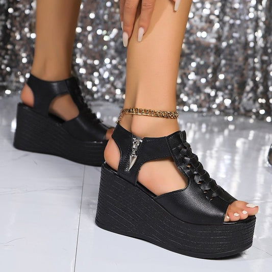 Sandali romani con zeppa e cerniera, punta aperta, scarpe da spiaggia da donna