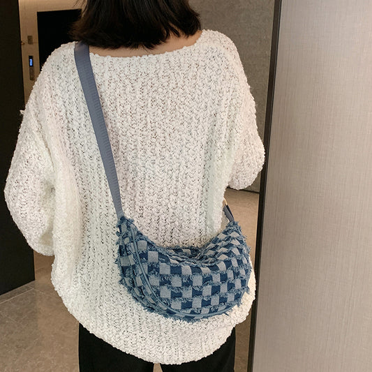 Borsa a tracolla sottobraccio in denim con motivo a scacchiera