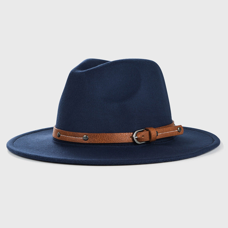 Cintura monocromatica con fibbia in metallo, semplice cappello da cowboy jazz a tesa larga