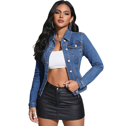 Giacca in denim con tasca a revers a manica lunga