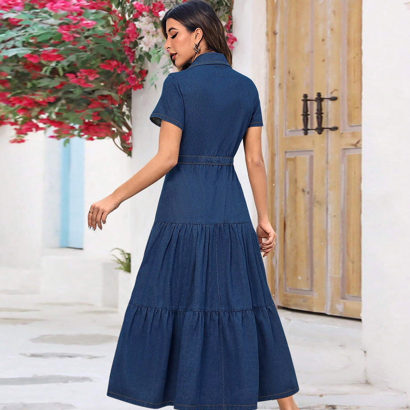 Denim Lapel Short Sleeve Waist-controlled Cardigan Long Dress