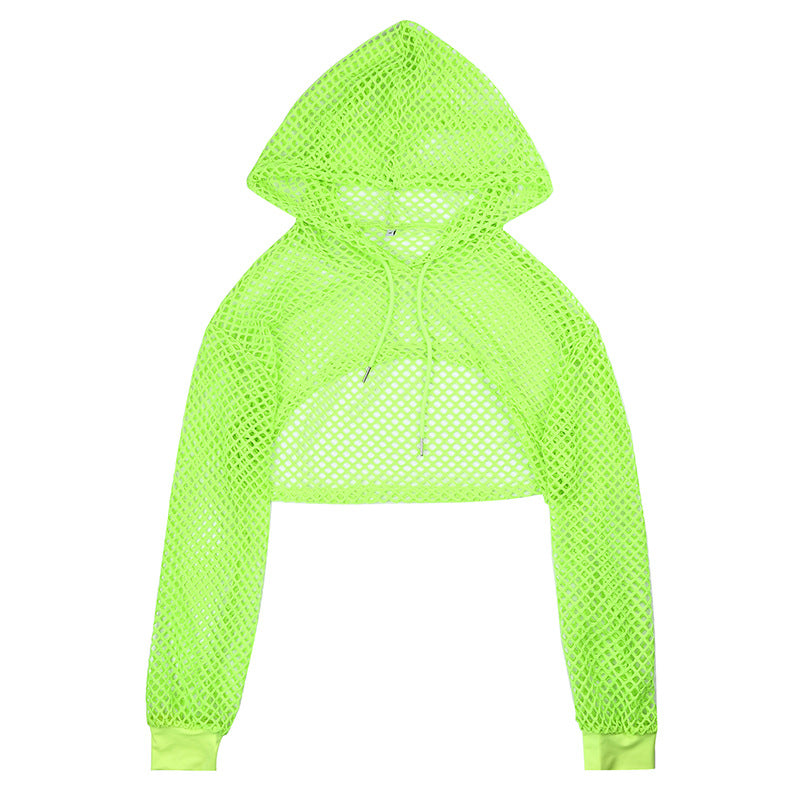 Solid Color Mesh Hollow Out Hooded Loose Smock Top