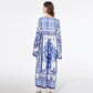 Blue And White Porcelain Printed Loose Long Sleeves Blouse Trousers Two-piece Suit