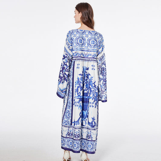 Blue And White Porcelain Printed Loose Long Sleeves Blouse Trousers Two-piece Suit
