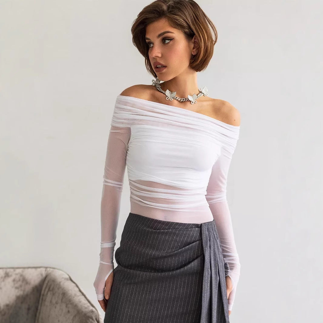 European And American Style Solid Color Slim-fit Fashionable Off-neck Mesh Long-sleeved Top