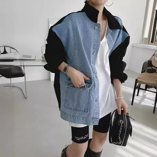 All-matching Fashion Farbe Kontrast Nähte Denim Baggy Mantel Frauen