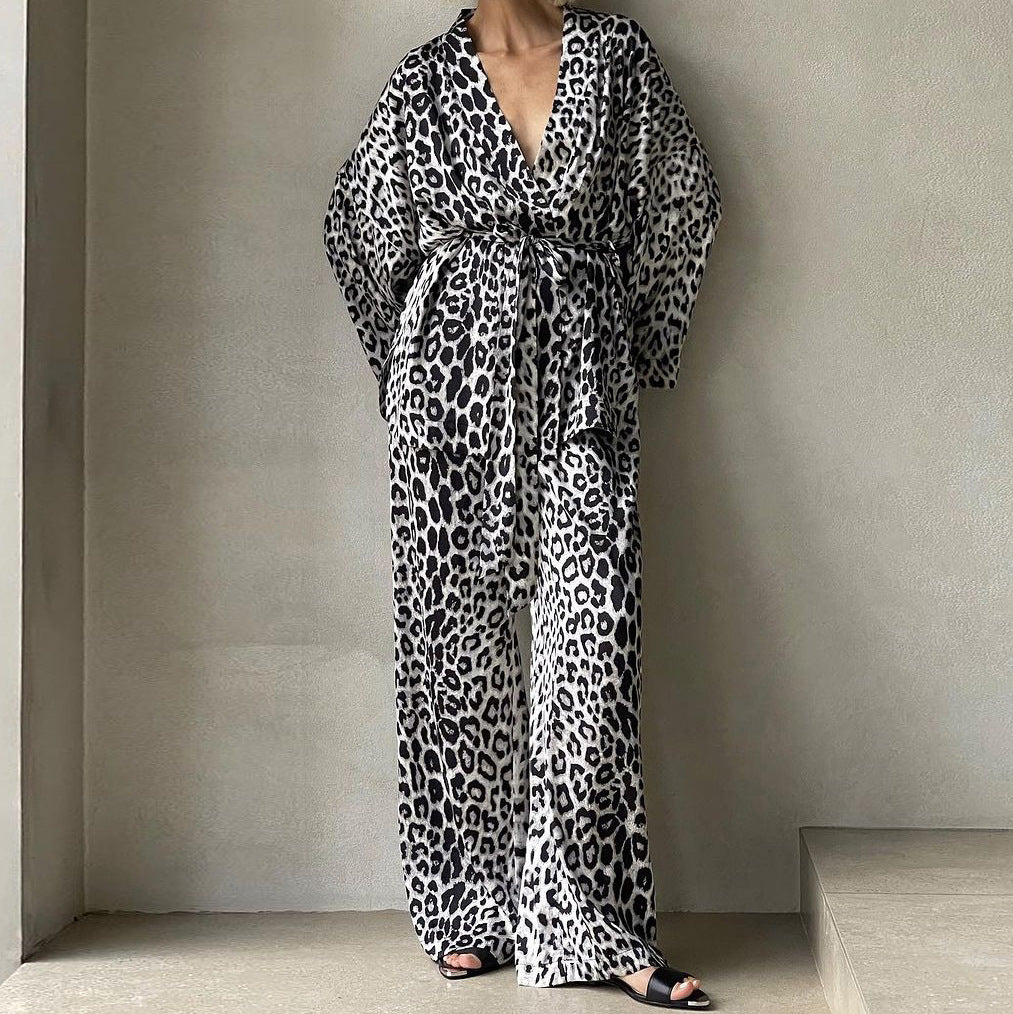 Pantaloni a maniche lunghe con stampa leopardata, abito allacciato, nuovo abito due pezzi da donna