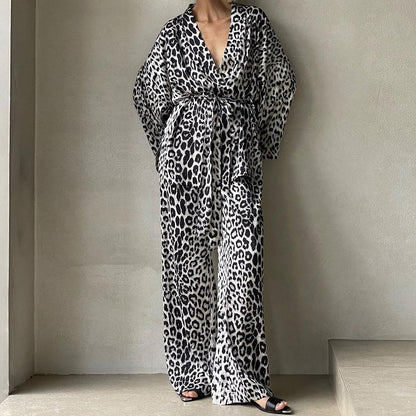 Pantaloni a maniche lunghe con stampa leopardata, abito allacciato, nuovo abito due pezzi da donna