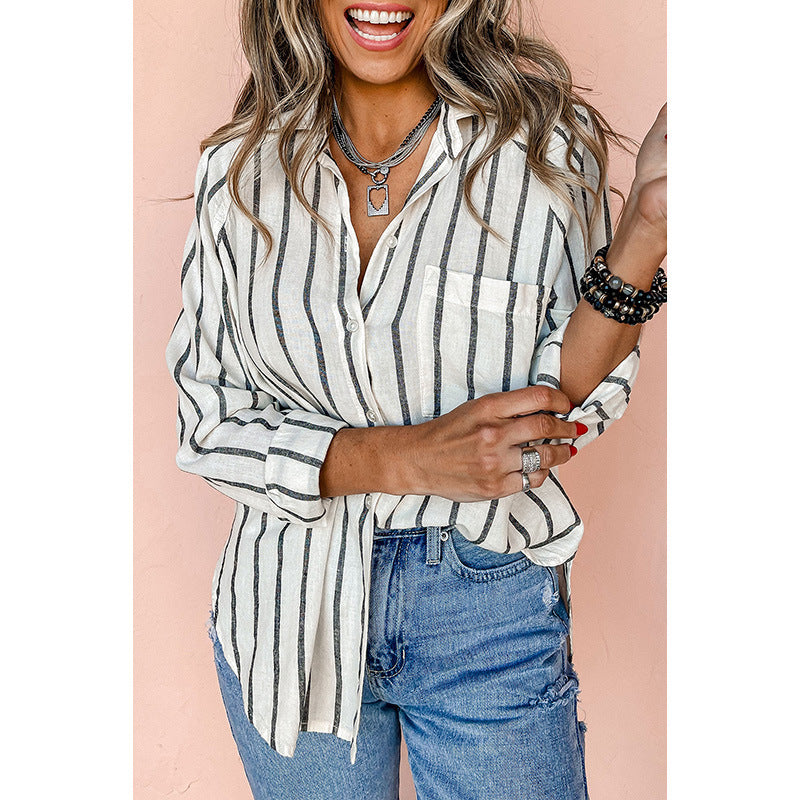 Baumwoll-Pendler-Shirt mit Polokragen und Streifen für Damen