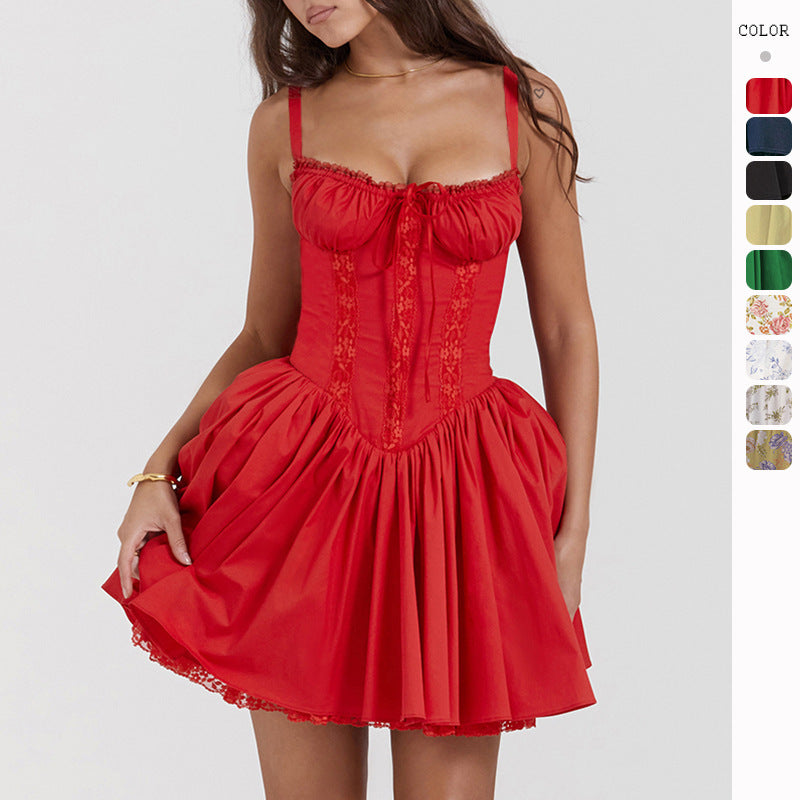 Sexy Spitzen-Hosenträgerkleid Sommermode Schnürung Schlanke Taille Plissee Kurze Kleider Für Damenbekleidung