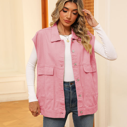 Gilet in denim con grandi tasche, gilet senza maniche alla moda per abbigliamento da donna