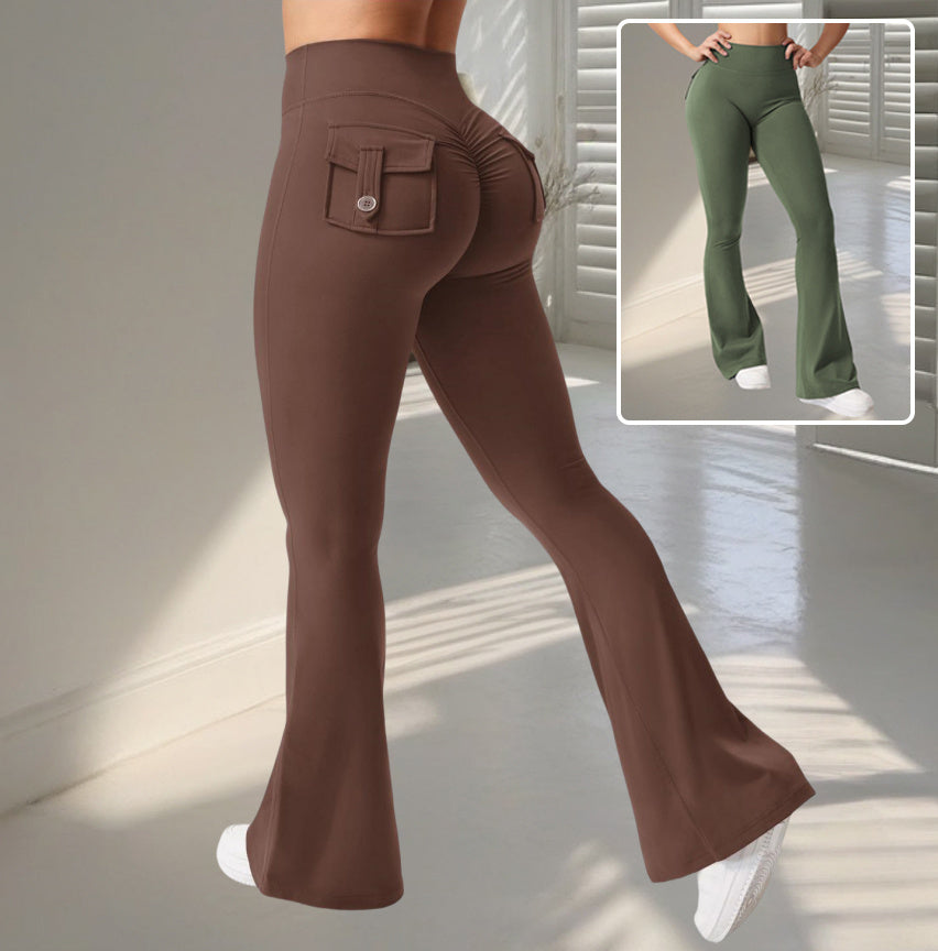Pantaloni svasati da yoga e fitness con tasche, pantaloni sportivi alla moda a vita alta