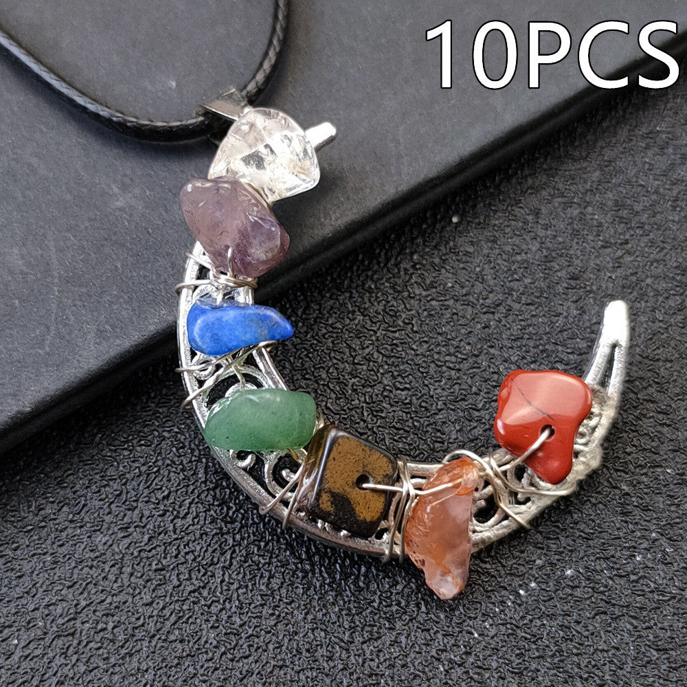 Collana con pentagramma a forma di luna e sette chakra in pietra di cristallo