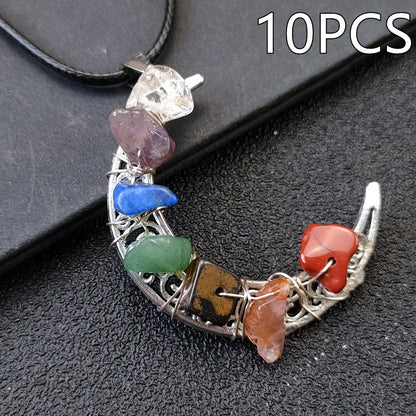 Collana con pentagramma a forma di luna e sette chakra in pietra di cristallo