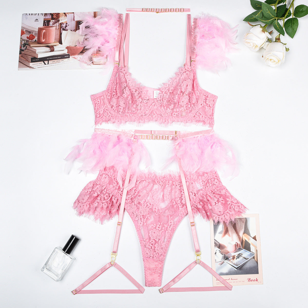 Reggiseno intimo donna in pizzo con mutandine e lingerie sexy in piuma
