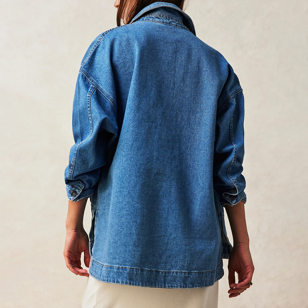 Giacca in denim larga con ricamo per il tempo libero
