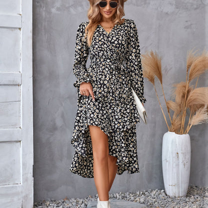 Abito a maniche lunghe con stampa floreale e volant, alla moda, per pendolari, abbigliamento da donna