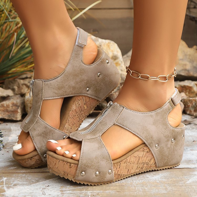 Sandalen mit Reißverschluss und Keilabsatz für Damen, leichte, höhenverstärkende Schuhe, modische, lässige Sandalen