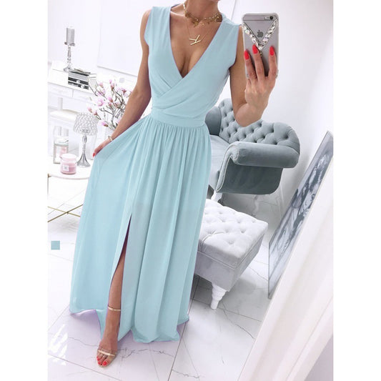 Ärmelloses Sommerkleid mit Knöchelrock für Damen, einfarbig, V-Ausschnitt, vorne geteilt, langes Kleid