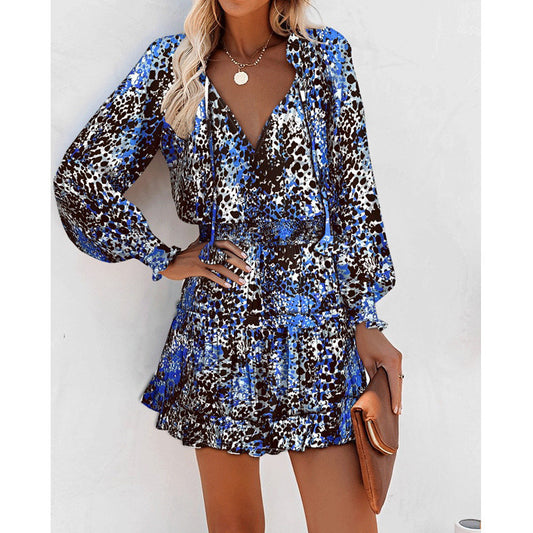 Abito a maniche lunghe con stampa a fiori, alla moda, patchwork, maniche a sbuffo, vita, abiti da donna