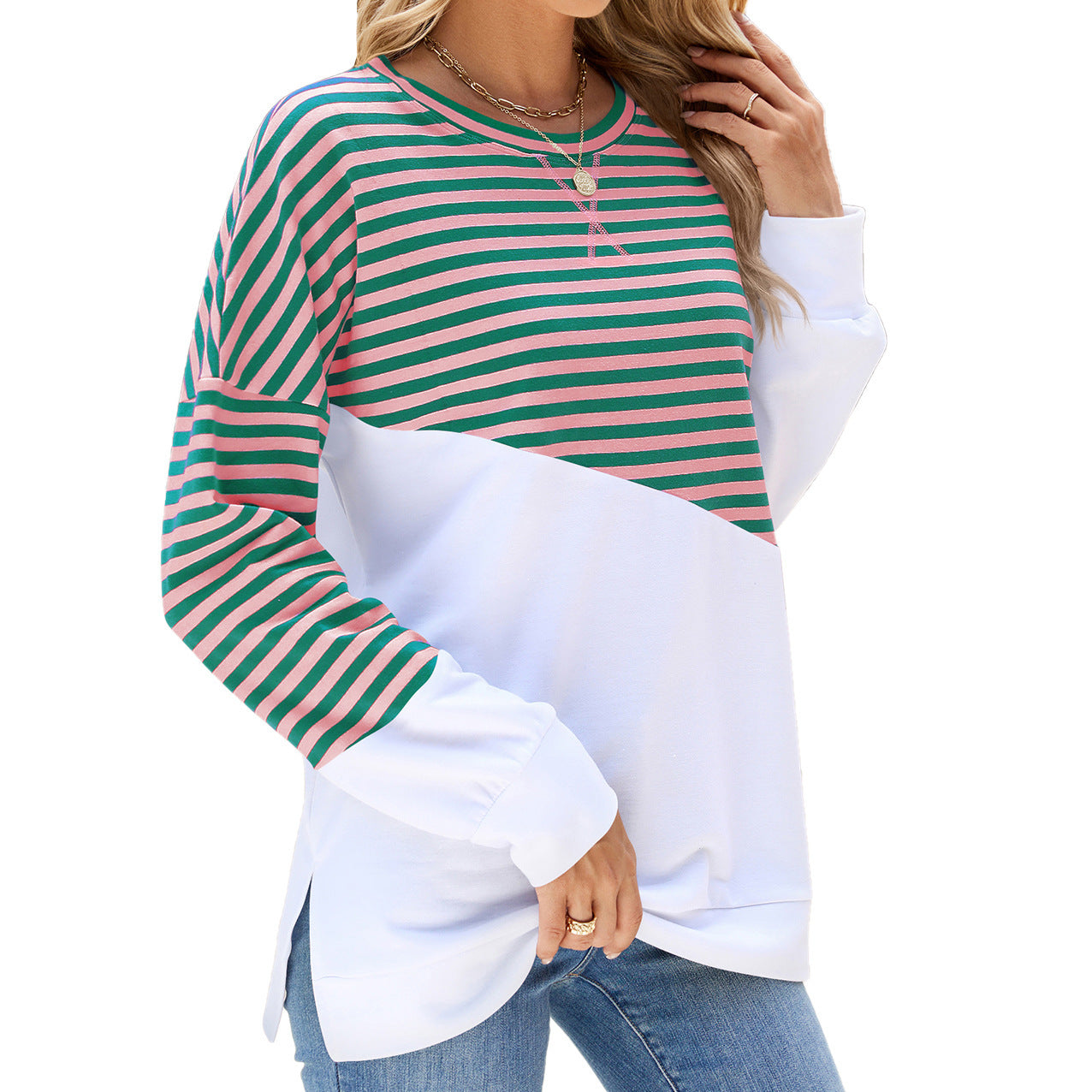 Maglione girocollo casual alla moda con design diviso Abbigliamento da donna