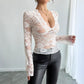 Solid Color Sexy Lace Slim V-neck Long Sleeve