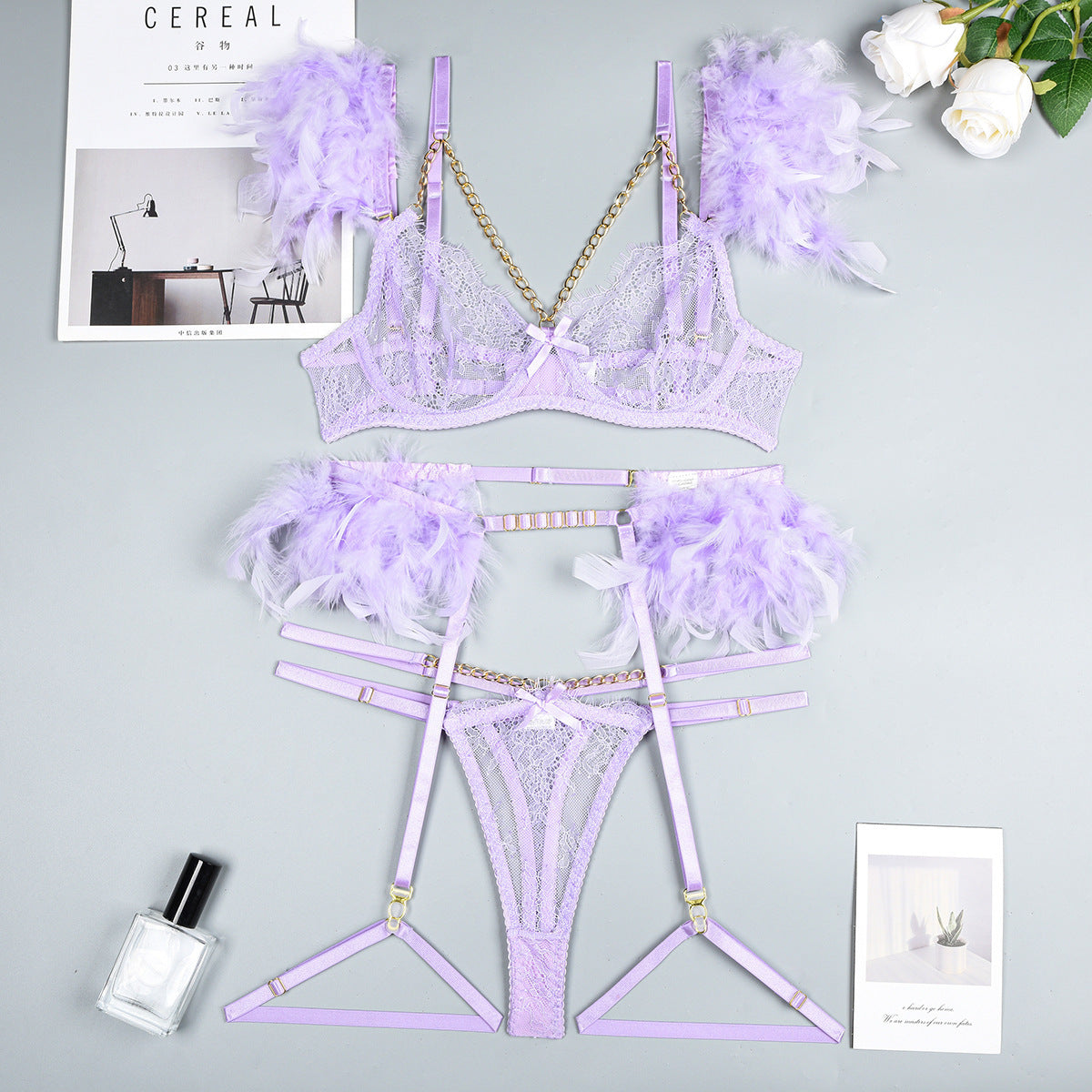 Reggiseno intimo sexy in pizzo con catene natalizie da donna