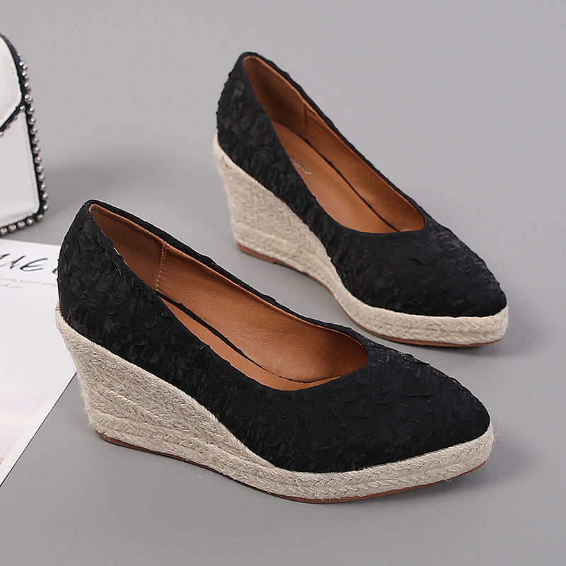 Scarpe da donna alla moda con punta affilata, tacco alto e scollatura bassa, fondo in corda di canapa intrecciata in paglia