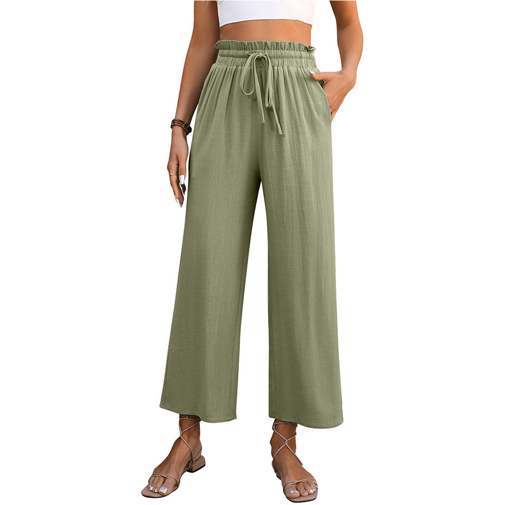 Gerade Hose mit Kordelzug und hoher Taille, Sommer, lässig, einfarbig, lockere Hose mit weitem Bein für Damenbekleidung