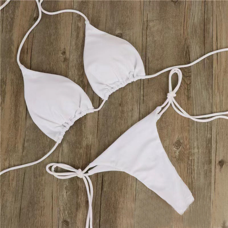 2 stücke Neckholder Lace-up Bikini Frauen Sommer Einfarbig Sexy Split Strap Einstellbare Badeanzug Anzug
