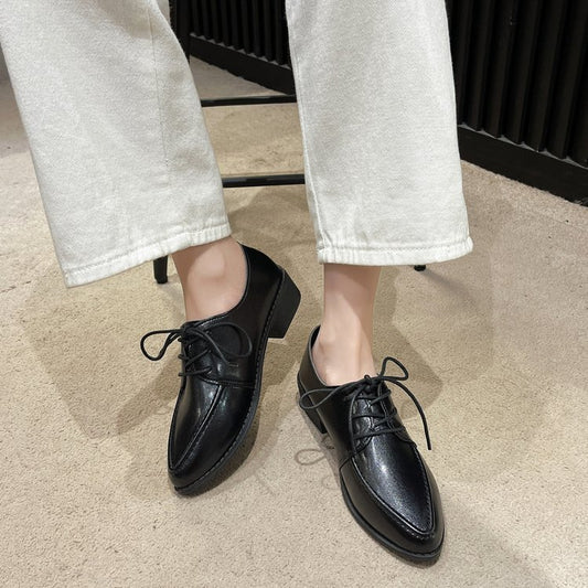 Scarpe da donna a punta con lacci in stile britannico, casual, con bocca bassa