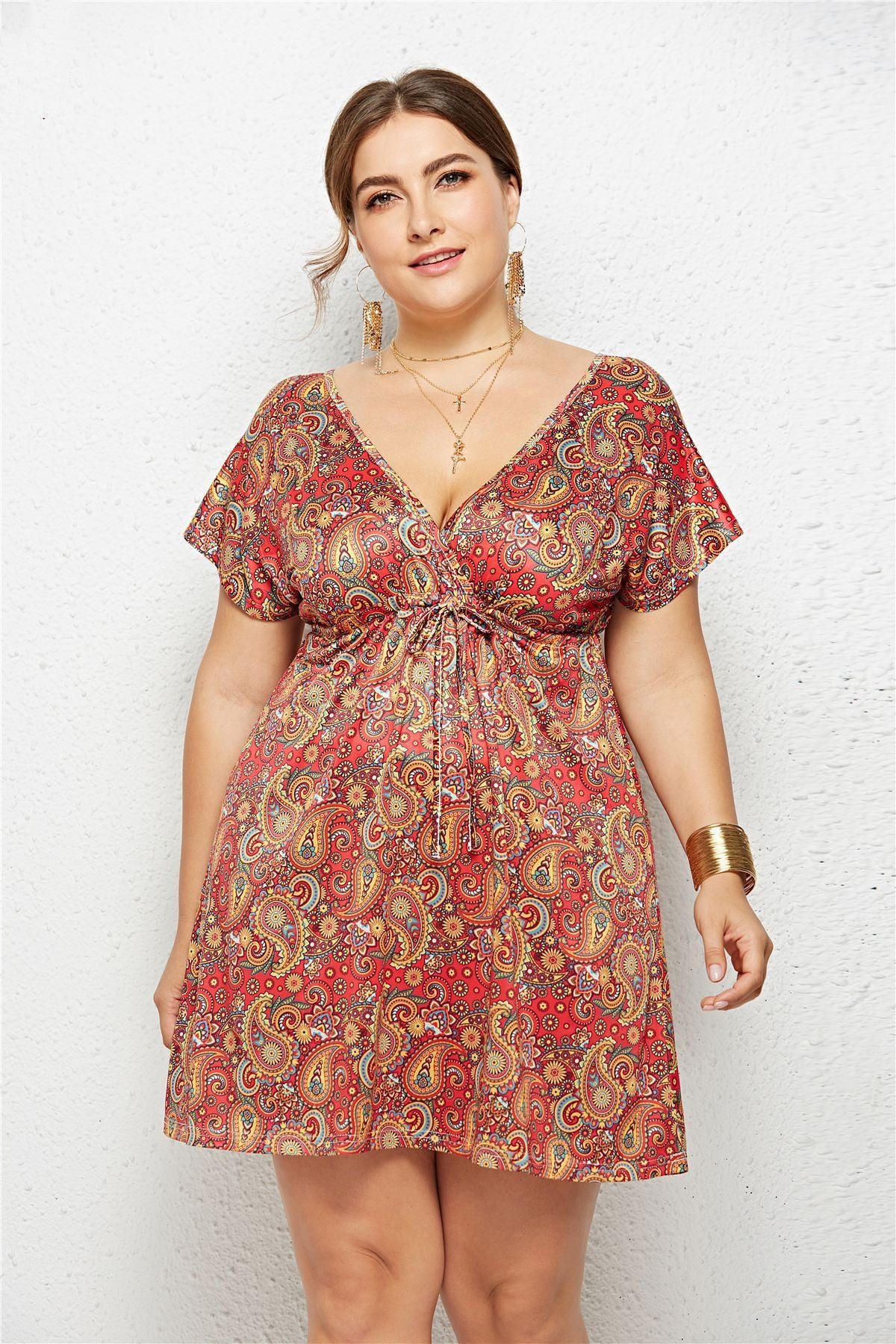 Women Summer Print Dress Casual Deep V Neck Beach