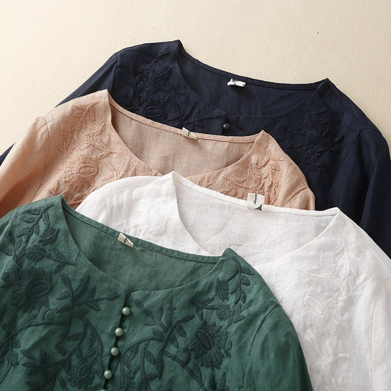 Besticktes lockeres künstlerisches Vintage-Hemd aus Baumwollleinen für Damen