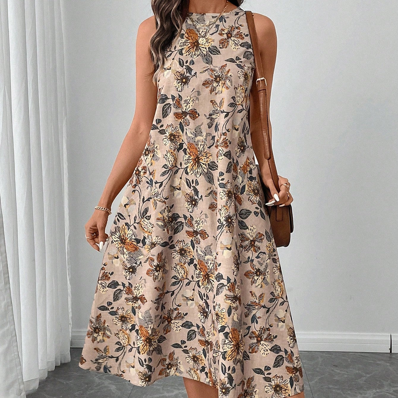 Abito midi casual elegante con stampa floreale retrò, senza maniche, scollo tondo e orlo svasato