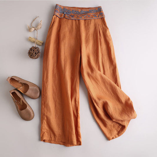 Women's Cotton Linen Embroidered Straight Pants