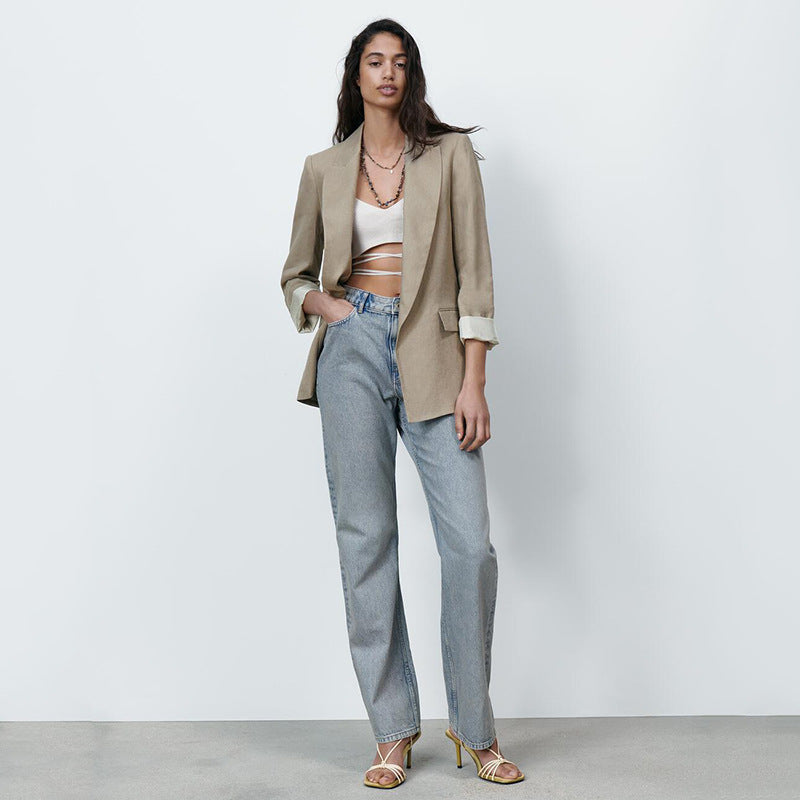 Abito in lino arricciato con polsini snellenti e larghi