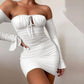Abito corto a maniche lunghe con spalle scoperte, alla moda e sexy, con pieghe e lacci, abbigliamento da donna