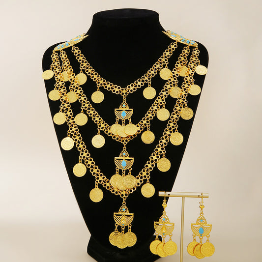 1set Fashion Retro 18k Gold Tassel Necklace Earrings Coin Middle East Set Multi-layer Set