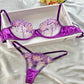 Completo intimo da donna con anello in acciaio e nastro ricamato viola