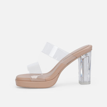 Damen Sandalen mit Knöchelriemen und hohen Absätzen, transparente Kristallschuhe mit dickem Absatz für die Oberbekleidung