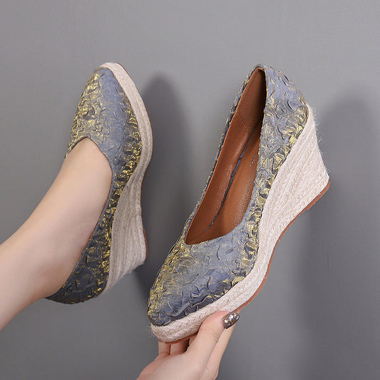 Scarpe da donna alla moda con punta affilata, tacco alto e scollatura bassa, fondo in corda di canapa intrecciata in paglia