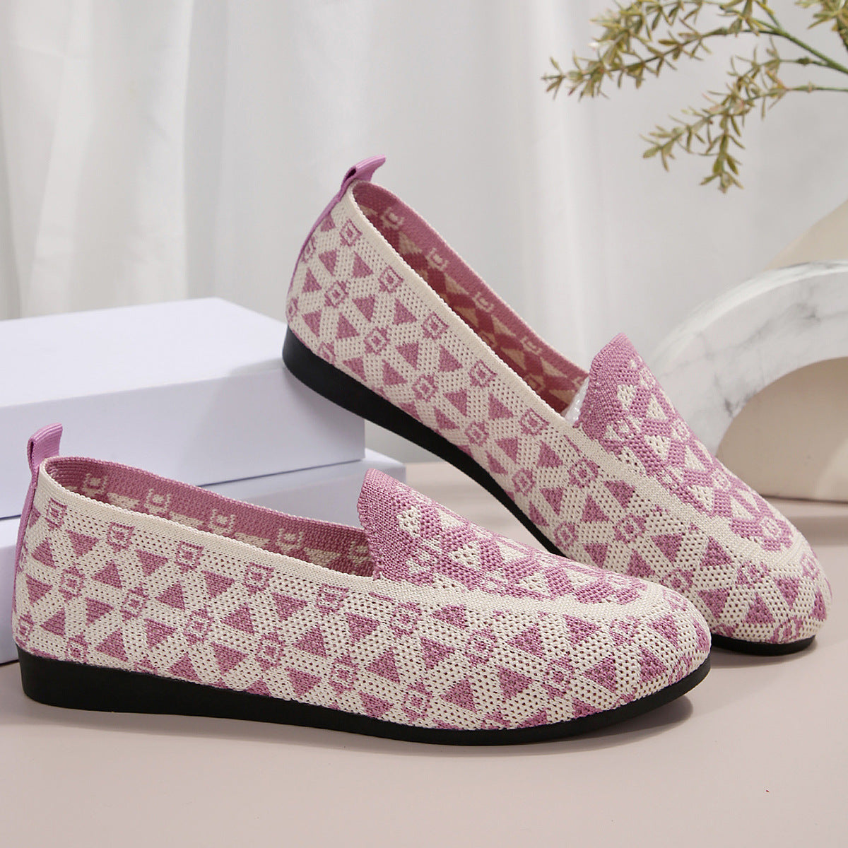 Scarpe basse con punta rotonda stampata, scarpe casual alla moda, traspiranti, in maglia, mocassini per donna