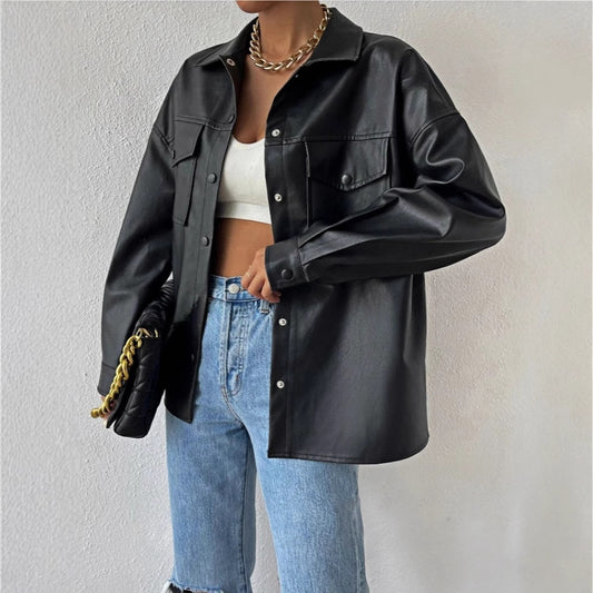 Single-breasted Solid Color Pocket PU Fashion Casual Jacket Top