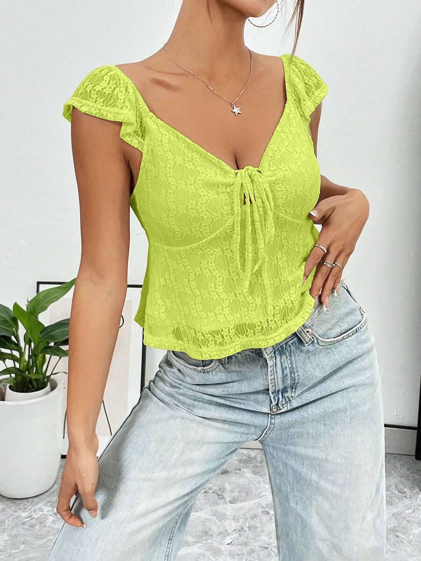 Casual Short Top Lace Lace Band V-neck Top