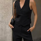 Women's Fashionable Elegant Vest Cotton And Linen High Waist Straight Pants Suit