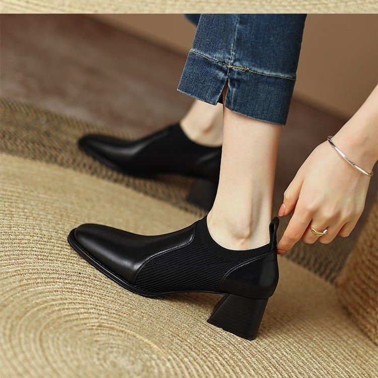 Women's Spring And Autumn Square Toe Knitted Chunky Heel High Heels