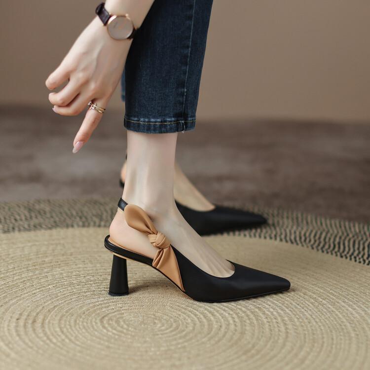 Scarpe con tacco alto alla francese, a punta e fiocco, con tacco spesso