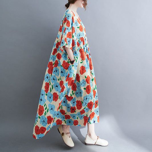 Künstlerisches, großes, lockeres, bedrucktes Kurzarmkleid aus Baumwolle und Leinen für Damen