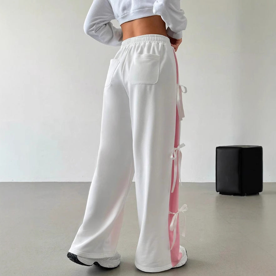 Pantaloni dritti con elastico in vita e colore a contrasto da donna