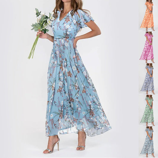 Abito a maniche corte con stampa floreale, moda estiva, abiti da spiaggia con volant, abbigliamento da donna